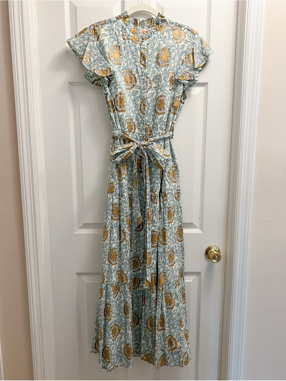 Oliphant Green & Gold Floral Tie-Waist Maxi Dress